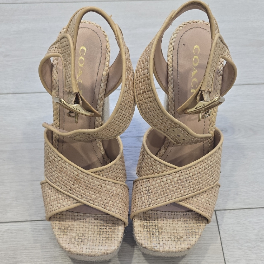 Coach Tan Woven Platform Slingback Sandals with Gold Buckle